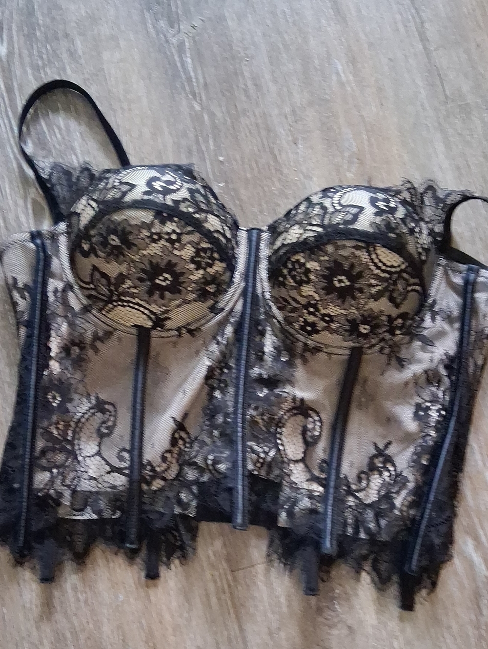 Black Lace Longline Bustier Bra with Sheer Floral Overlay